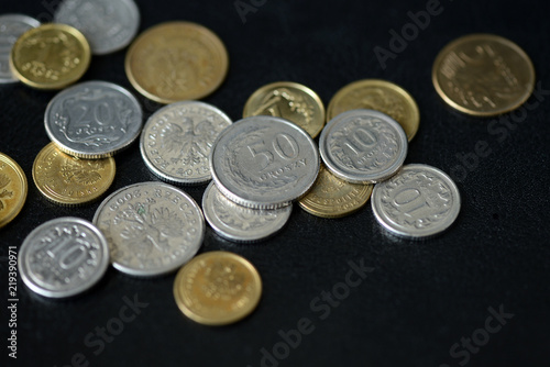 A pile of Polish coins scattered on a dark background close up