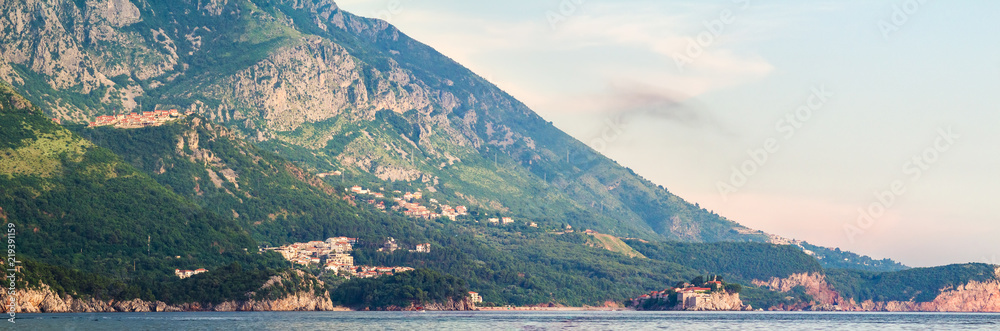 Adriatic sea coast in Montenegro, view on Sveti Stefan island, nature landscape