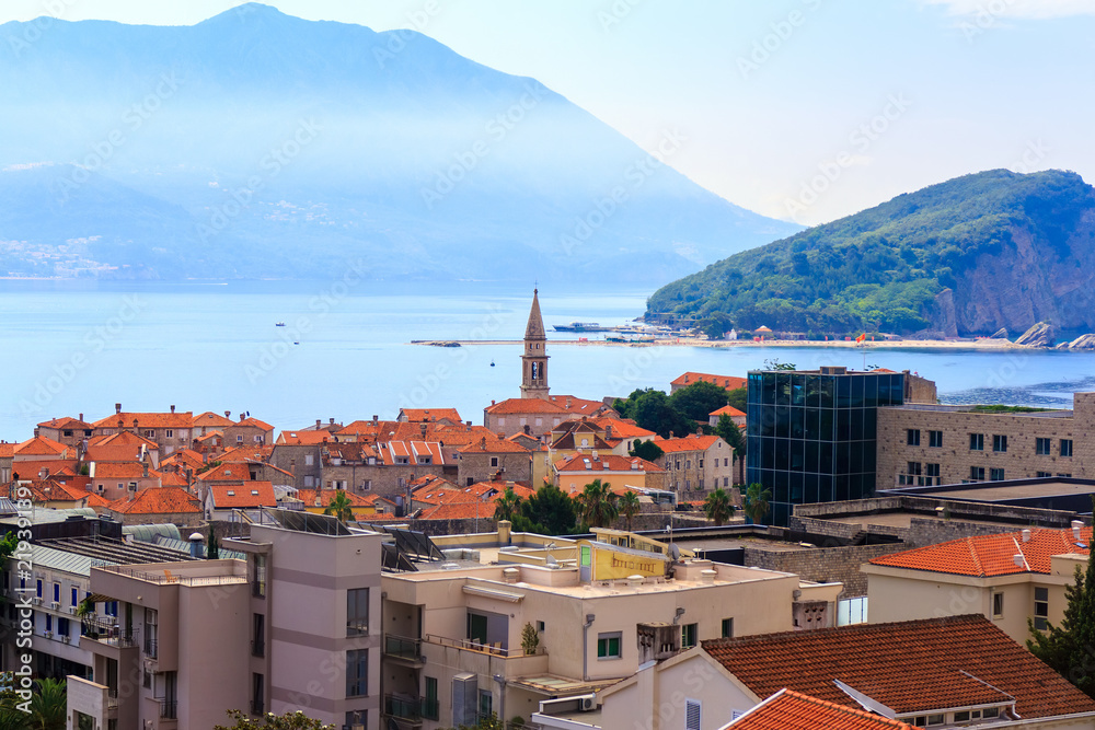 Cityscape of old Budva city on Adriatic sea coastline at Montenegro. view from above