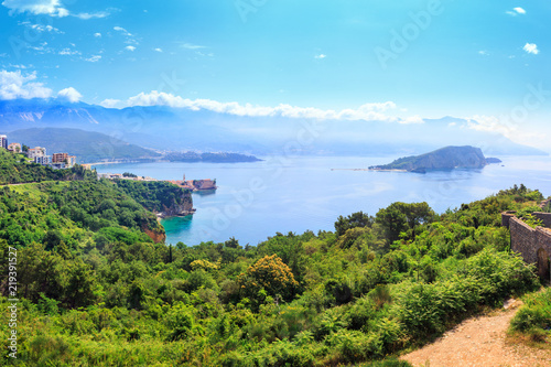 View from above to the Adriatic sea coastline and Budva city surrounded by mountains, Montenegro