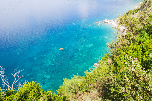 View from above to the turquoise water in Adriatic sea at Montenegro, nature landscape, vacations to the summer paradise