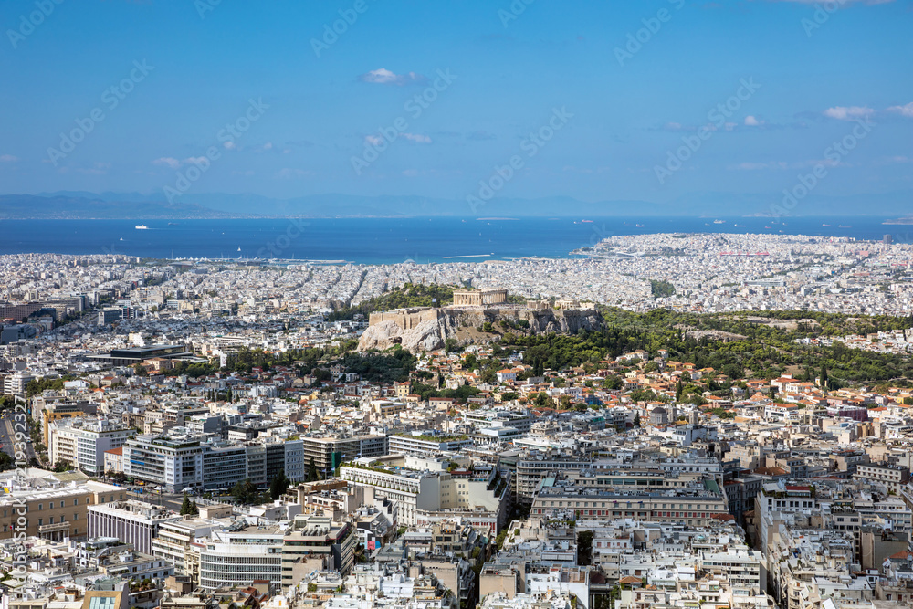 Panoramic aerial view of Athens in Greece and Acropolis, from Lycabettus hill