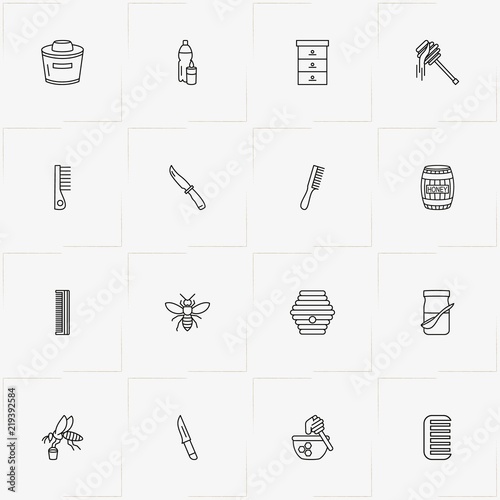 Honey line icon set with honey bucket, knife and honey stick