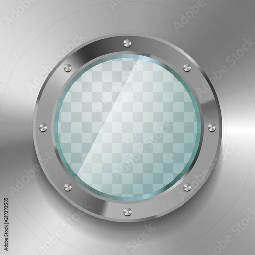 Realistic glossy porthole of submarine with metal body on transparent background