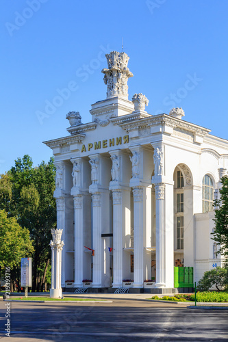 Pavilion Armenia on Exhibition of Achievements of National Economy (VDNH) in Moscow on a sunny summer morning against blue sky