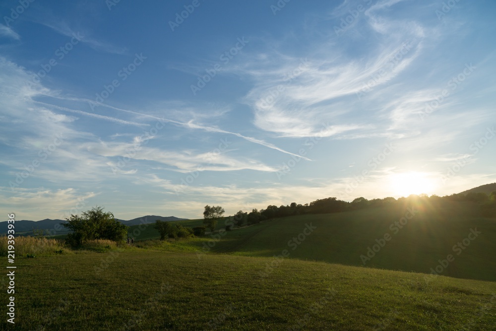 Sunrise and sunset over the hills and town. Slovakia