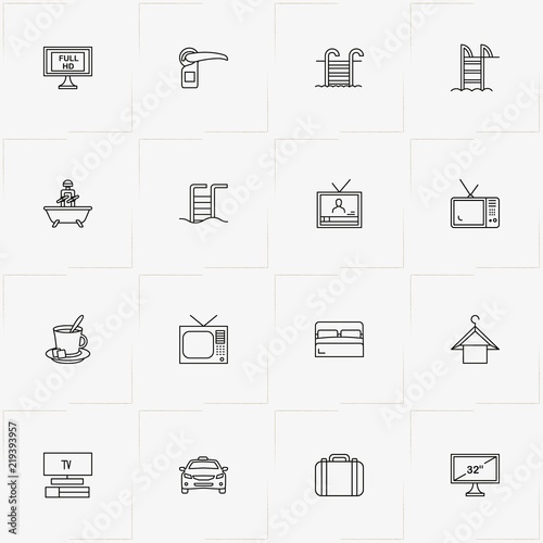 Hotel line icon set with bath, bed and television