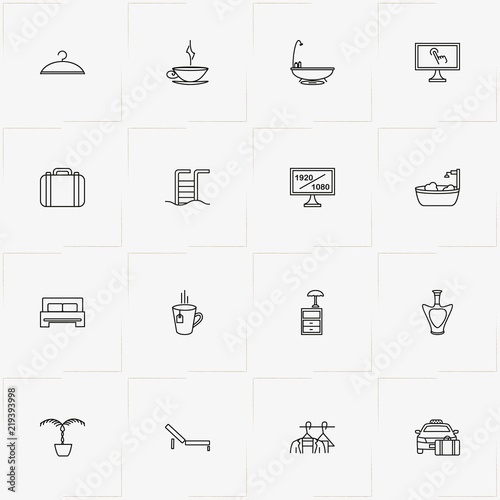 Hotel line icon set with cognac, baggage and television