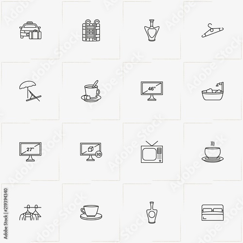 Hotel line icon set with television, bed and umbrella with chaise