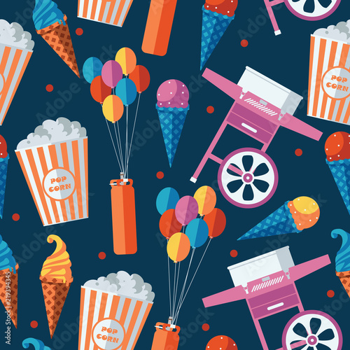 Festive food and sweets seamless pattern. Icecream, popcorn, cotton candy machine, baloons equipment. Repeat design for amusement park, food truck or traveling circus