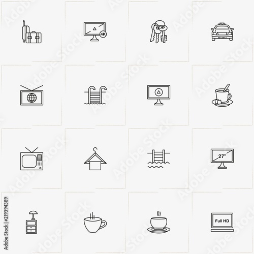 Hotel line icon set with swimming pool ladder, television and keys