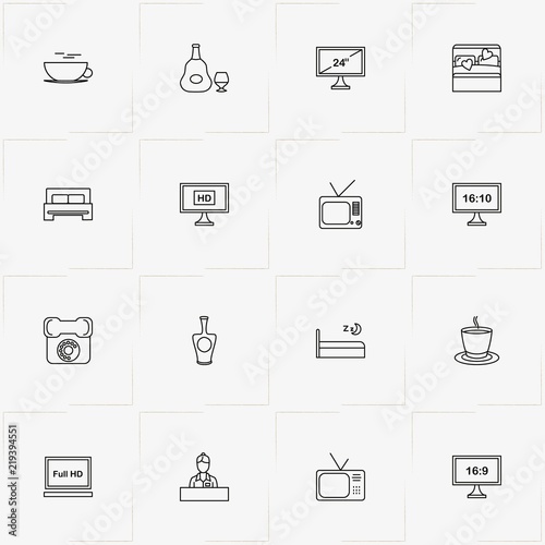 Hotel line icon set with cup of tea, television and telephone