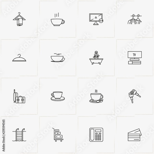 Hotel line icon set with television, keys  and hanger