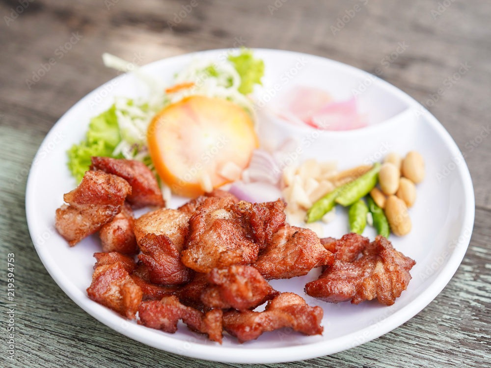 Fried pork crackling with garlic and chili Fried pork crackling with garlic and chili