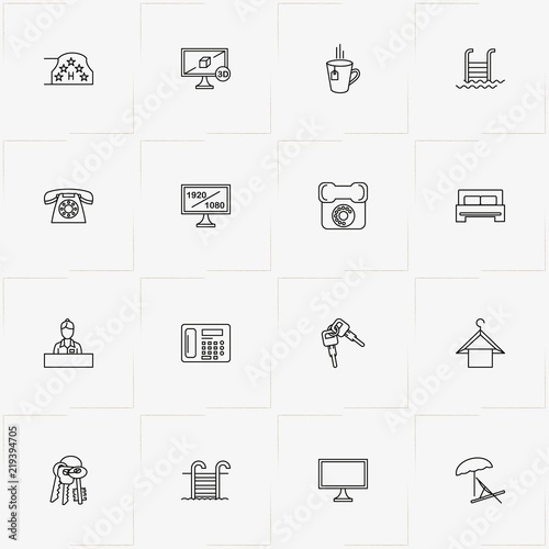 Hotel line icon set with hanger, television and cup of tea