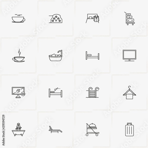 Hotel line icon set with hanger, baggage carrier  and bath