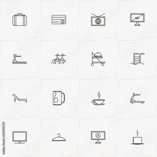 Hotel line icon set with hanger, treadmill and television