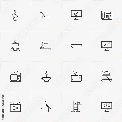 Hotel line icon set with cup of tea, bath and telephone