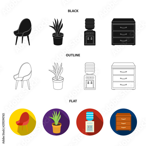 A red chair with a comfortable back, an aloe flower in a pot, an apparatus with clean water, a cabinet for office papers. Office Furniture set collection icons in black, flat, outline web