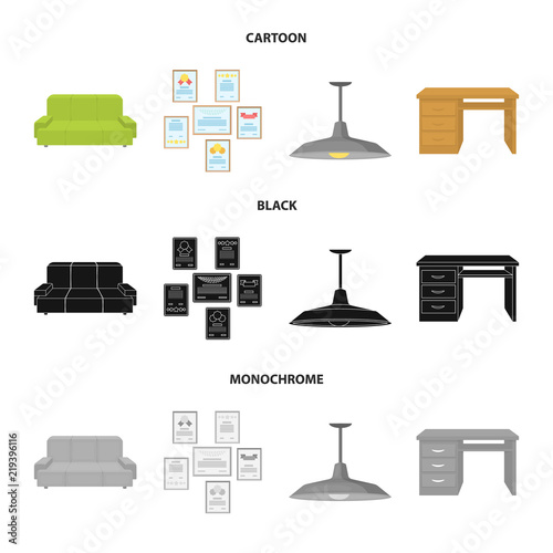 Comfortable sofa, letters and diplomas within the framework, an office ceiling lamp, a desk with drawers. Office Furniture set collection icons in cartoon,black,monochrome style vector symbol stock