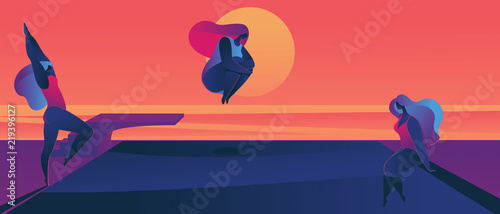 Oversized women enjoying sunset in pool. Flat illustration drawn with vivid gradients. Woman jumping in front of sun