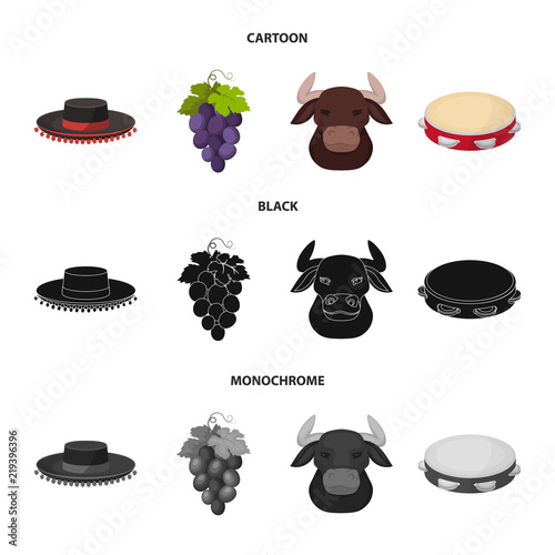The hat of the todeador, the matador, a bunch of grapes with fists, a bull for the Spanish bullfight, a tambourine. Spain country set collection icons in cartoon,black,monochrome style vector symbol
