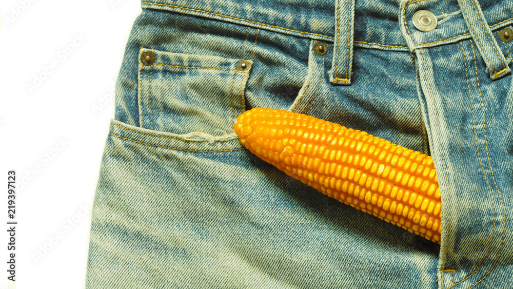 big corn sticks out of mens jeans like mens penis as potency concept Stock  Photo | Adobe Stock