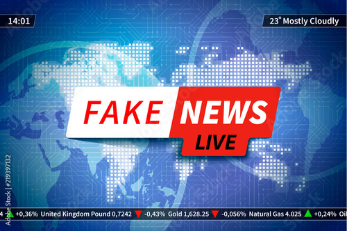 Fake news background on blue, screen saver with world map