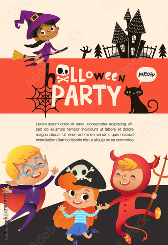 Flyer or poster template with cute happy little boys and girls dressed in halloween costumes and place for text. Colorful holiday vector illustration in flat cartoon style for party announcement.