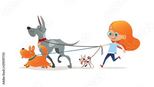 Little redhead girl walking three dog on leash. Cute child running with doggies. Adorable kid with red hair and her pets isolated on white background. Flat cartoon colorful vector illustration.
