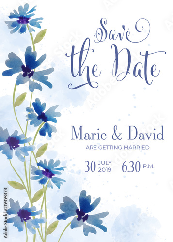 Beautiful wedding invitation with watercolor flowers. Save de date card