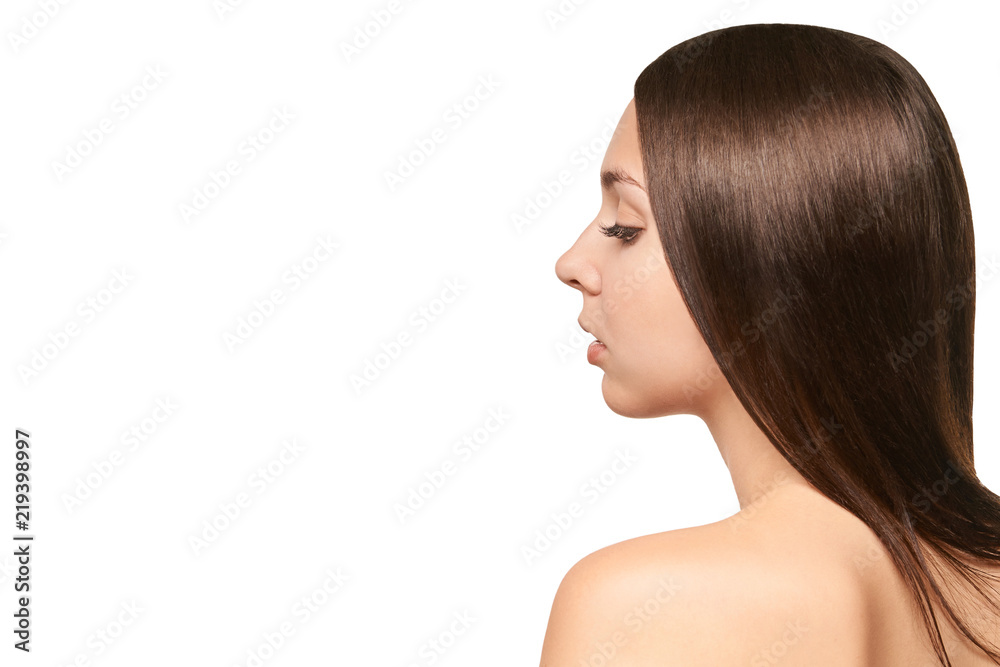 Girl model profile. Lady skincare. Isolated white background. visage hare salon Girl model profile. Lady skincare. Isolated white background. visage hare salon