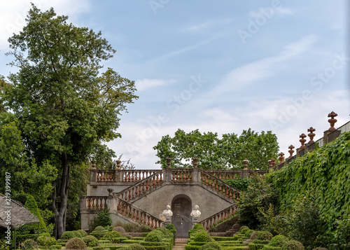 Barcelona, Spain - May 10, 2018: The Garden of the Boixos in Labyrinth Park of Horta. The staircase with two busts in the background leads to the Desvalls Palace. © Lena Maximova