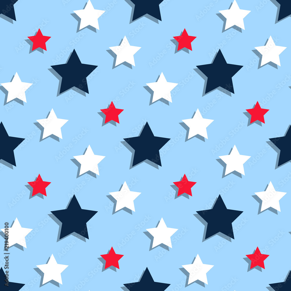 Red, white, blue stars on a blue background. Seamless pattern Red, white, blue stars on a blue background. Seamless pattern
