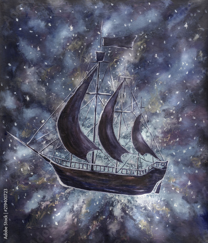 Old pirate ships in starry fog cosmos, Peter Pan dark and white oil painting