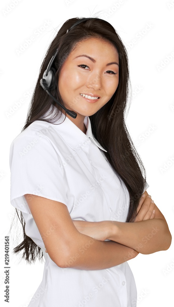 Friendly Asian Woman with Arms Folded Talking on Headset - Friendly Asian Woman with Arms Folded Talking on Headset -