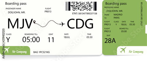 Boarding pass. Green airplane ticket. Vector illustration