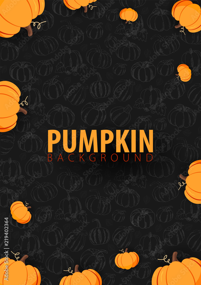 Autumn dark Background with Pumpkin for shopping sale, promo poster and frame leaflet, web banner. Vector illustration template.