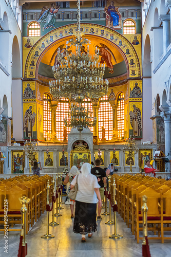 THESSALONIKI, GREECE - August 16, 2018: The Church of Saint Demetrius or Hagios Demetrios interior. It is the main sanctuary dedicated to Saint Demetrius in Thessaloniki, Greece.
