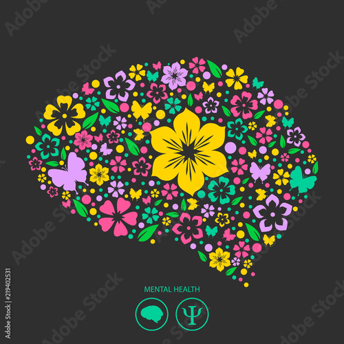 Abstract image of the brain with flowers, dots and with butterflies on dark background