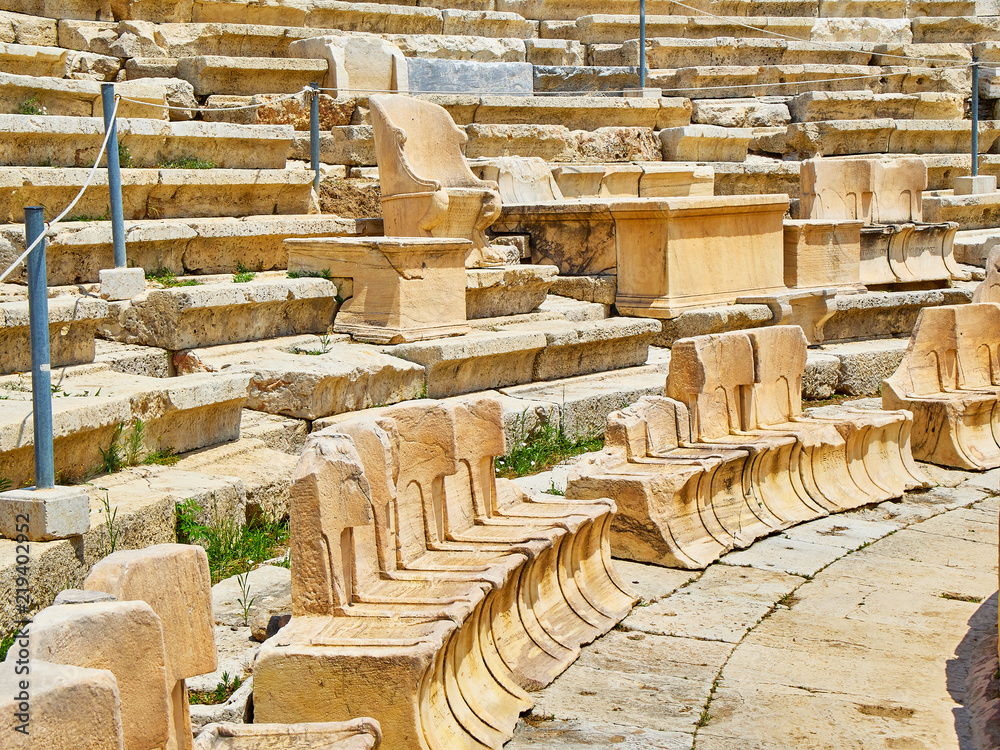 Marble thrones of the Theatre of Dionysus Eleuthereus. Acropolis of Athens. Attica region, Greece.