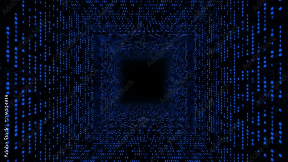 Abstract background with flying into digital tunnel from flickering particles, digits 0 and 1 as binary code and plexus of network. Animation of seamless loop.