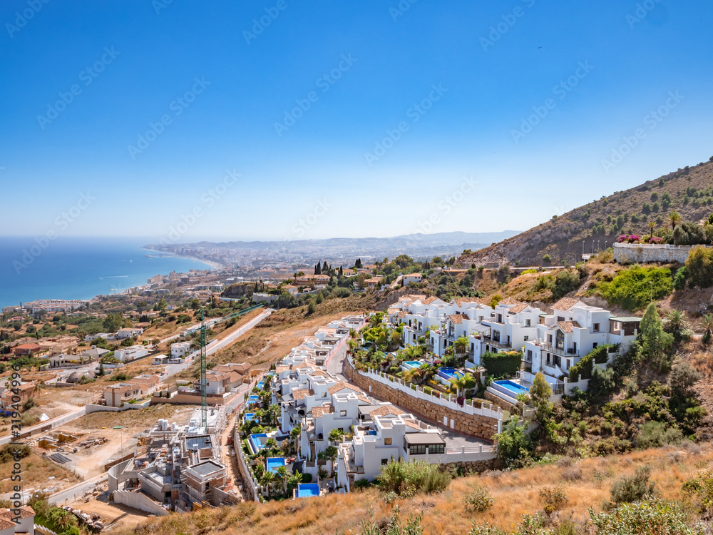 View of Costa del Sol, Malaga from the Benalmadena viewpoint. Fuengirola in the background. Real estate developement concept.