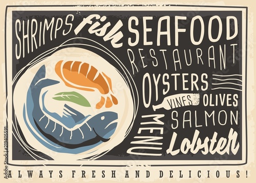 Seafood restaurant creative menu design with unique artistic drawing of fish and shrimp. Black board menu concept perfect for restaurant wall decoration.