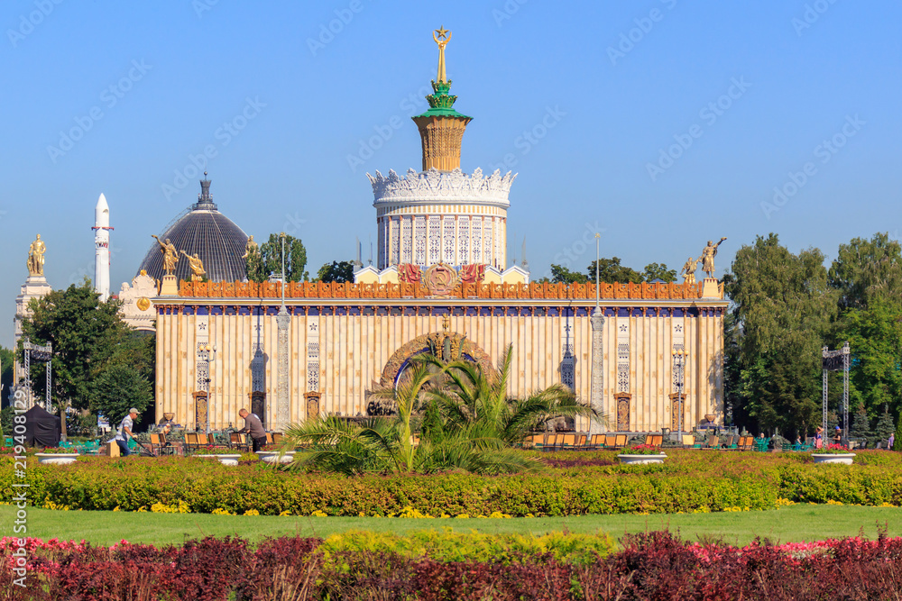 View of pavilion Ukrainian SSR from Central alley on Exhibition of Achievements of National Economy (VDNH) in Moscow