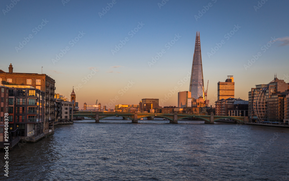 London - August 05, 2018: The financial center of London by the river Thames in London, England