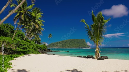 Panorama of vibrant tropical Lalomanu beach on Samoa Island with palm trees photo