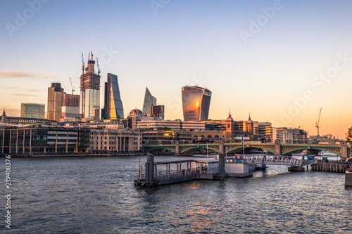 London - August 05, 2018: The financial center of London by the river Thames in London, England