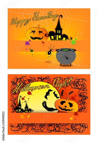 Illustration Set of Happy Jack-o-Lantern Pumpkins and Evil Spooky Background For Halloween Celebration Party.