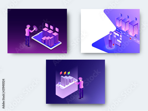 Smart city or real estate concept based three set of isometric landing page design.